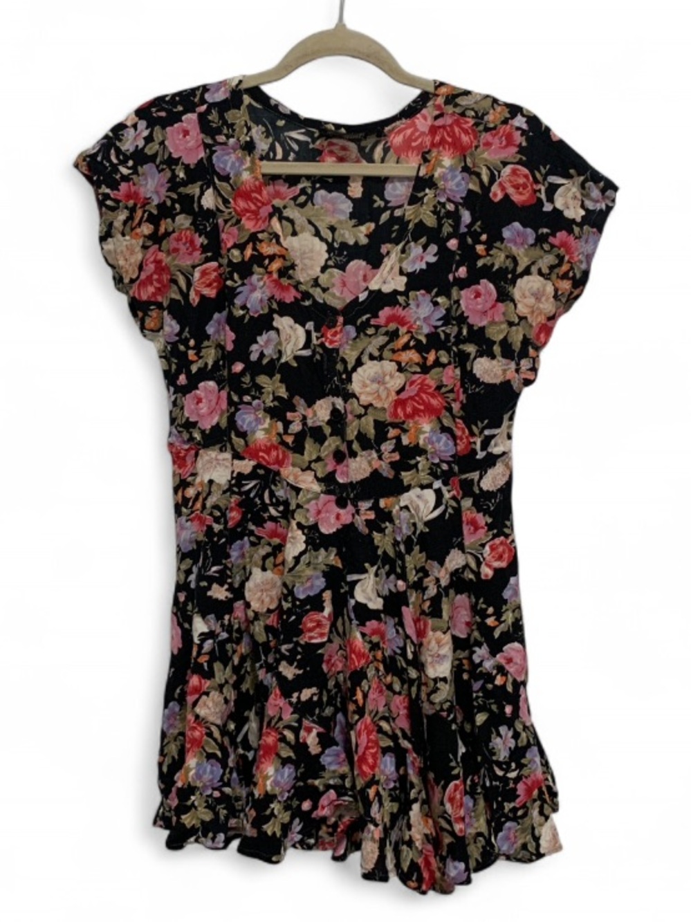 Y2K Starina Floral Black Button Down Cap-Sleeve Mini Dress